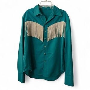Vintage Teal Western Fringe Button-Up Shirt